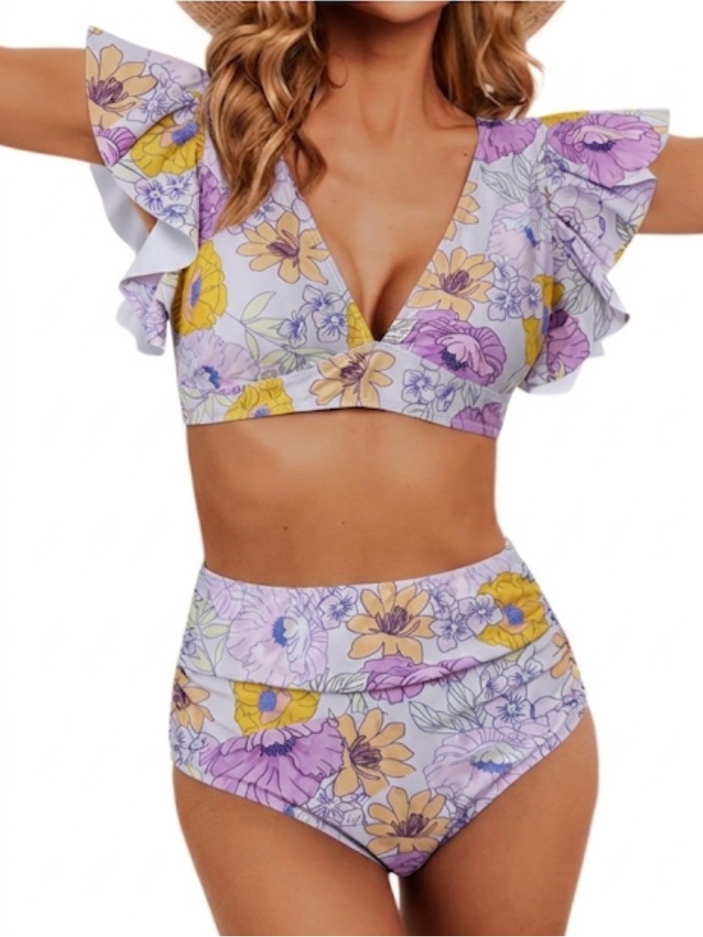Ruffled Floral V-Neck High-Waist Bikini - Lavender & Yellow
